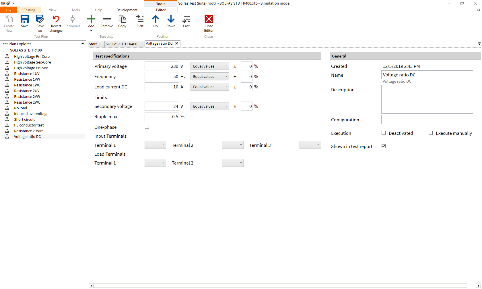 Voltage Ratio DC Editor Settings